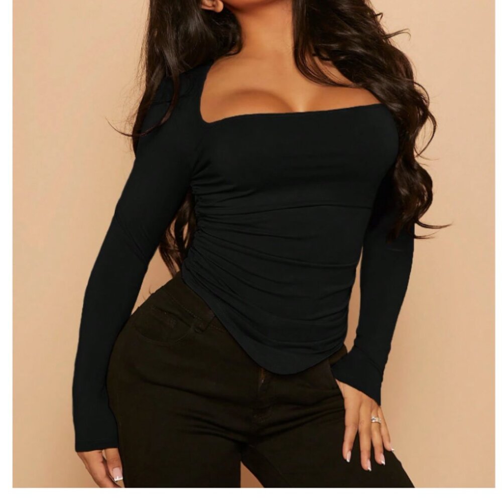 Square Neck Ruched Tee Long Sleeves